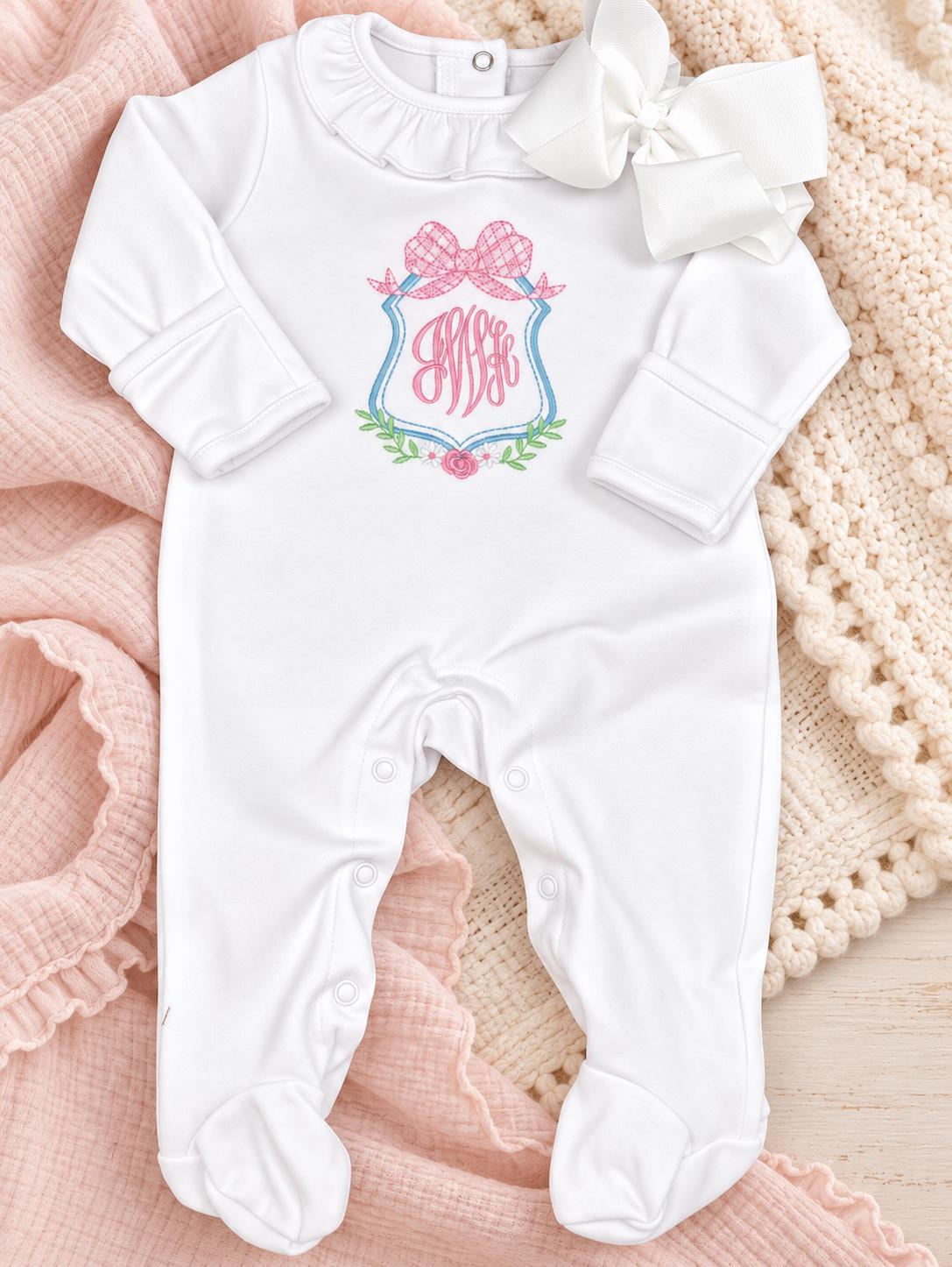 Personalized Newborn Footie: Floral Monogram, White Cotton Knit