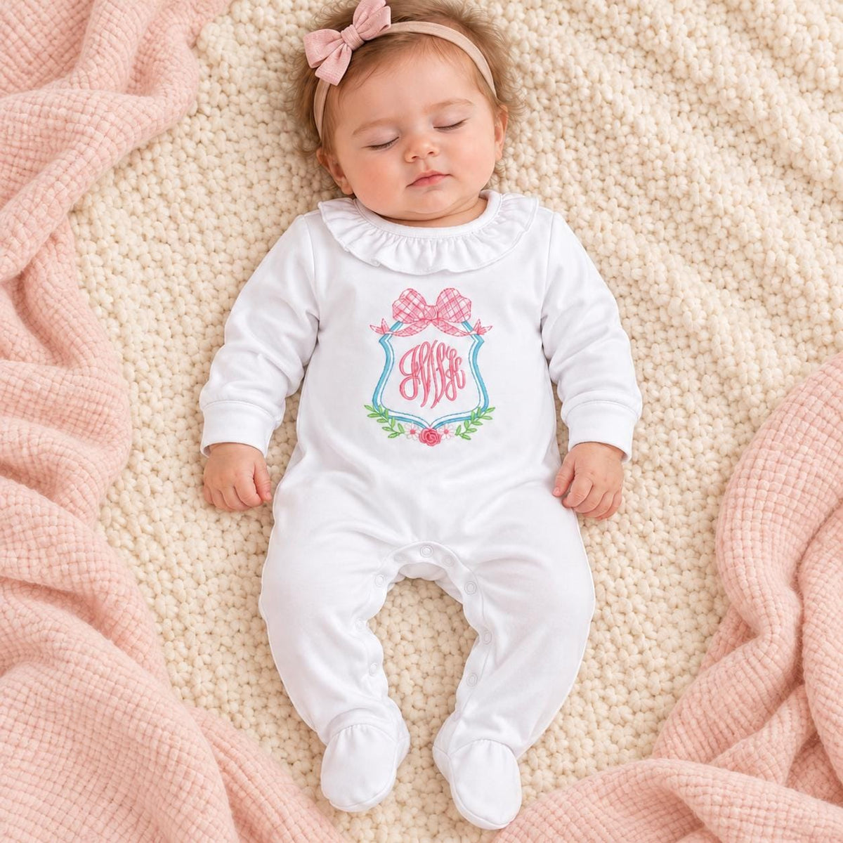 Personalized Newborn Footie: Floral Monogram, White Cotton Knit