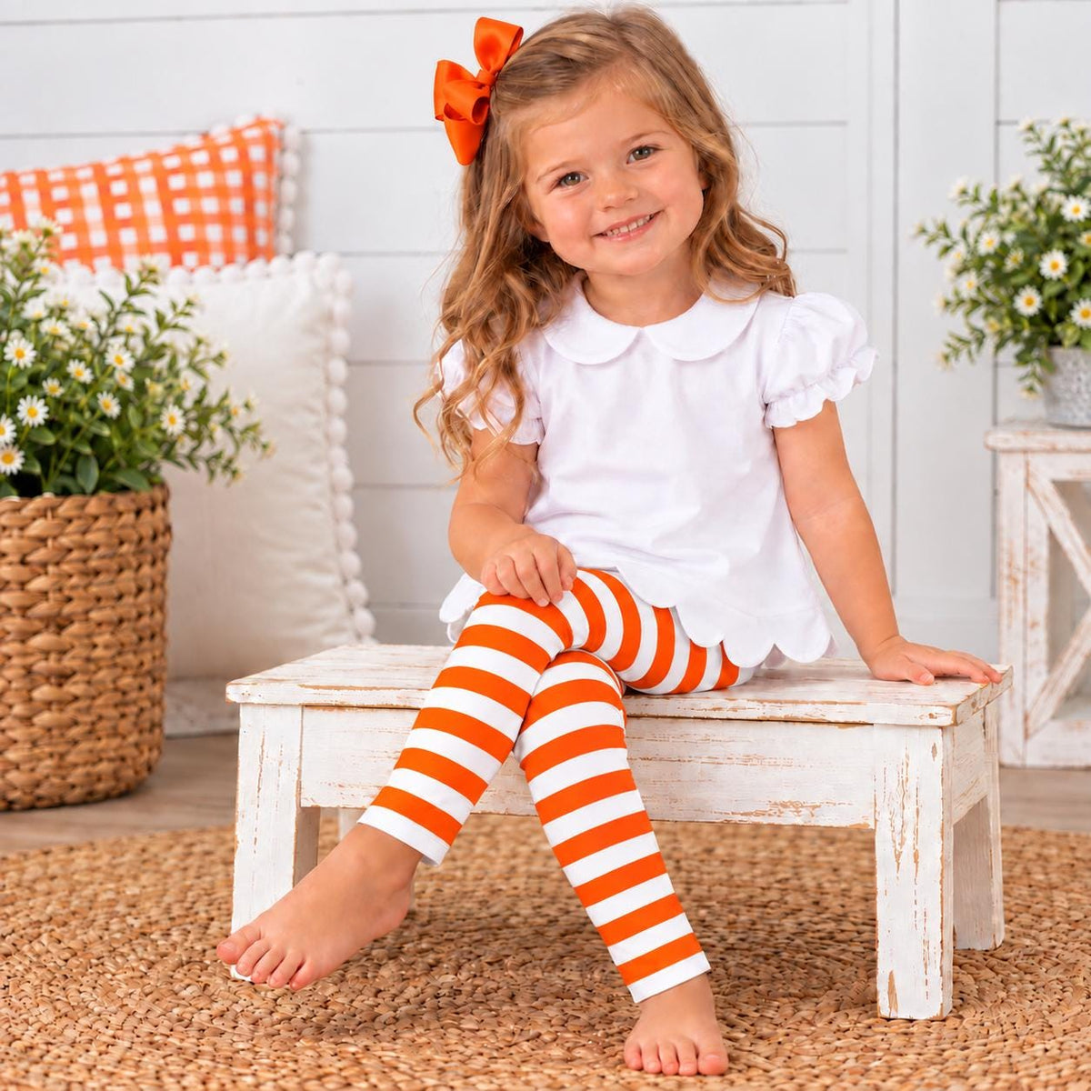 Orange White Striped Leggings for Girls, Toddler Leggings, Halloween Pants, Fall Outfit, School Spirit Girls Leggings
