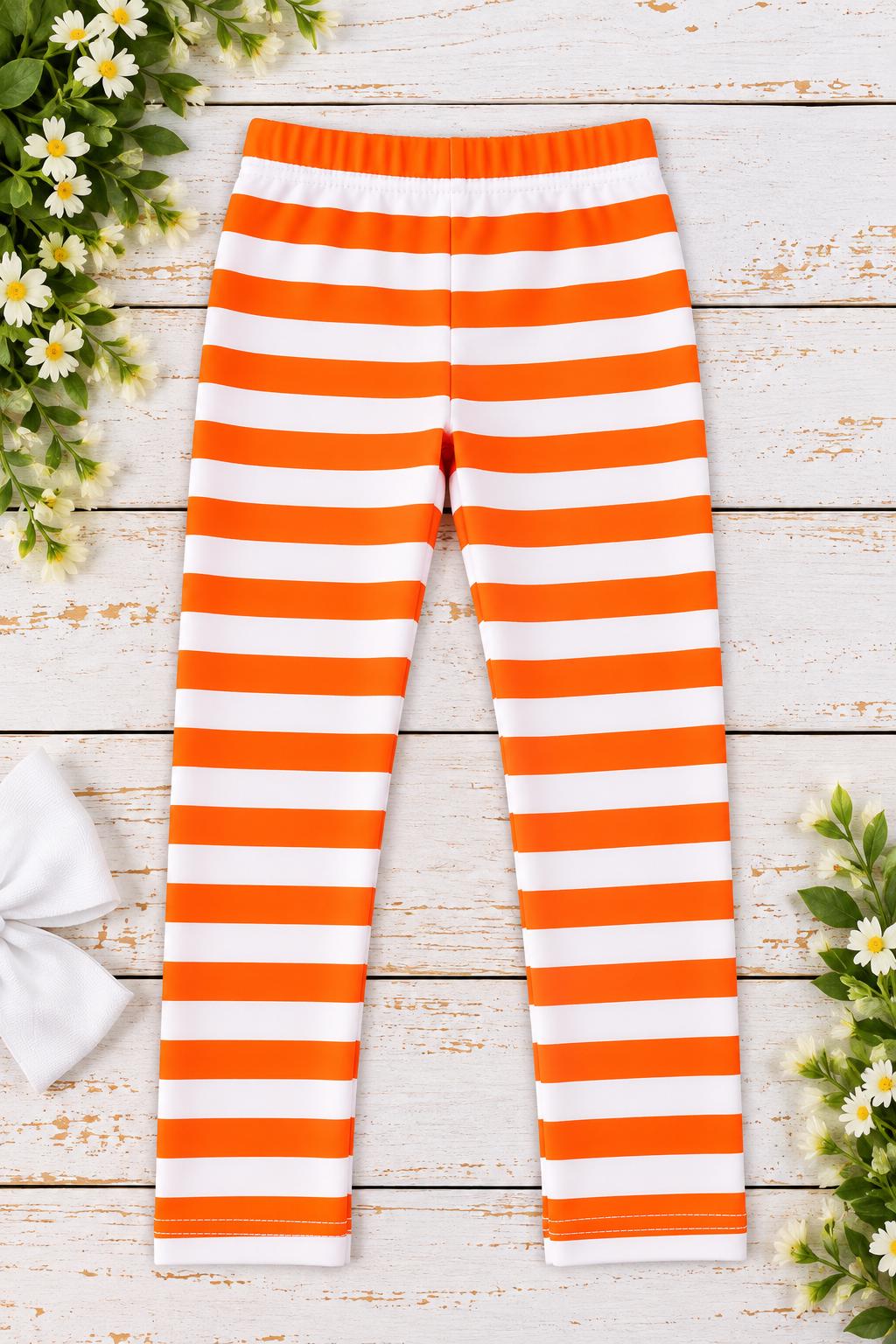Orange White Striped Leggings for Girls, Toddler Leggings, Halloween Pants, Fall Outfit, School Spirit Girls Leggings